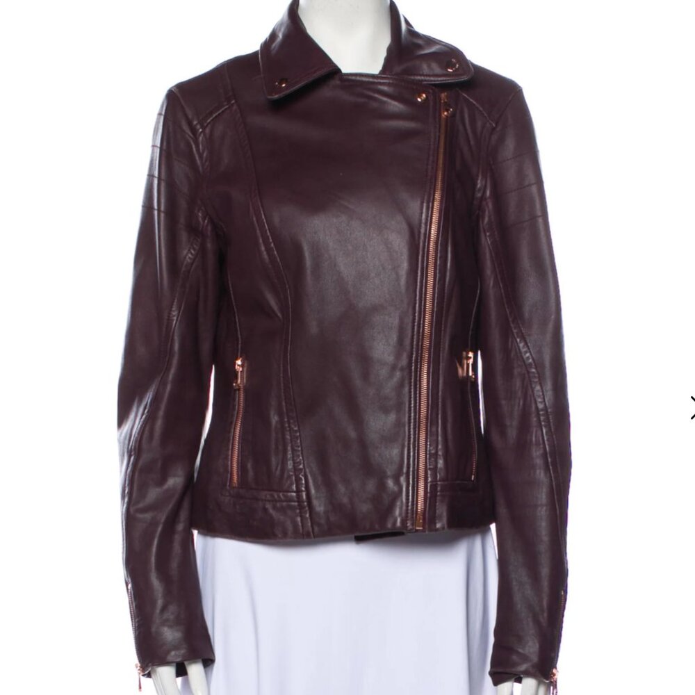 Ted Baker Burgundy with Rose Gold Leather Motorcycle Jacket Jacket